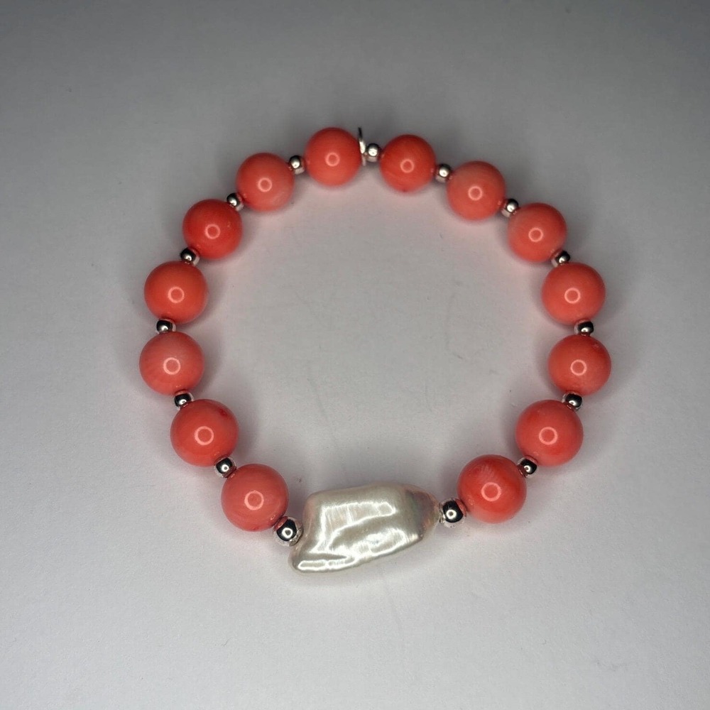 Pink Coral Mother Of Pearl Bracelet Sterling Silver Elements Signed FAS 925 Thai
